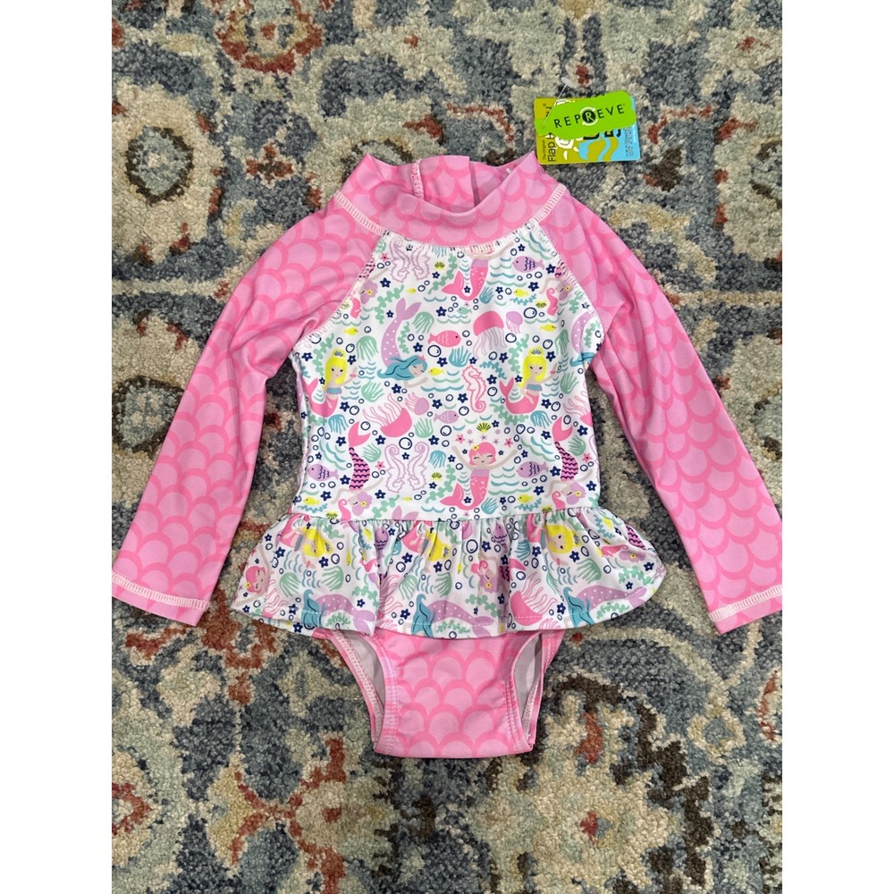 Flap Happy Swimsuit Baby Girls 6M Pink Mermaid Rash Guard Ruffle One Piece NWT